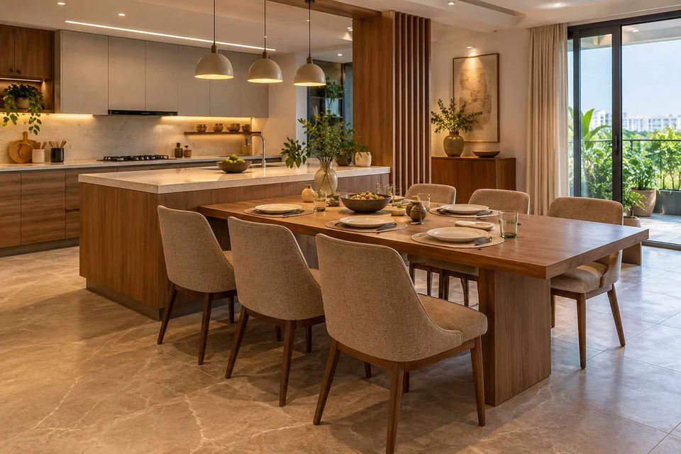 AI-generated dining-room concept: kitchen-adjacent dining, everyday family supper direction