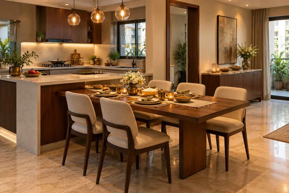 AI-generated dining-room concept: kitchen-adjacent dining, festival meal preparation direction