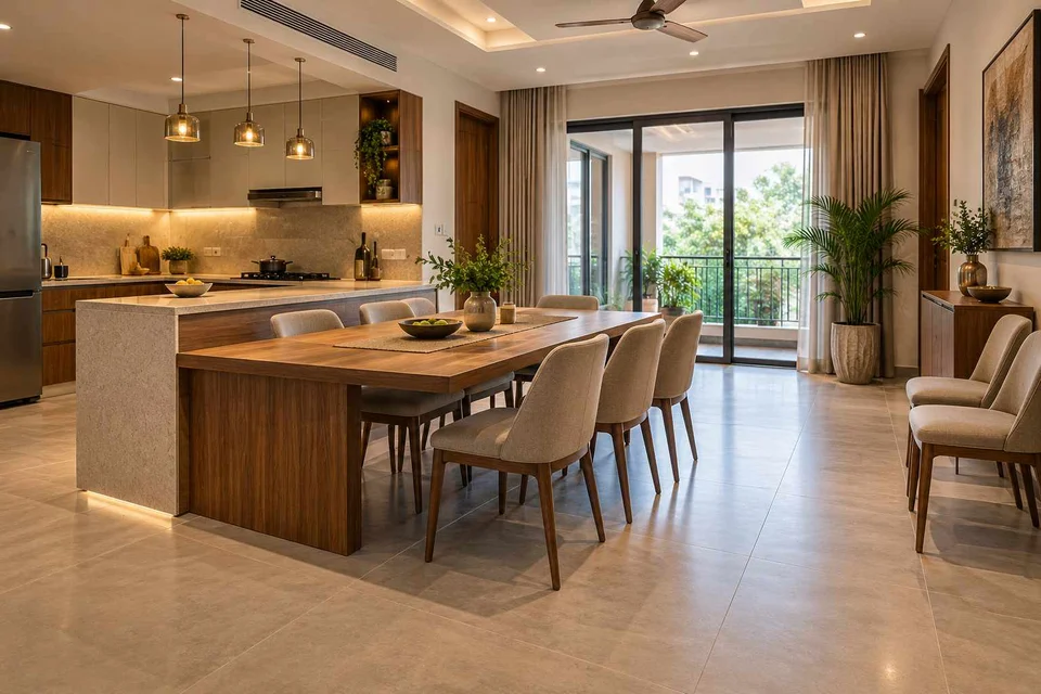 AI-generated dining-room concept: kitchen-adjacent dining, flexible extra seats direction