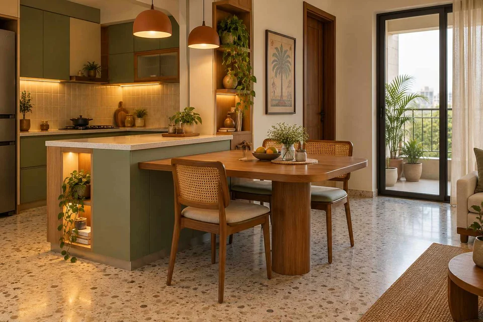 AI-generated dining-room concept: kitchen-adjacent dining, grandparents and grandchildren direction