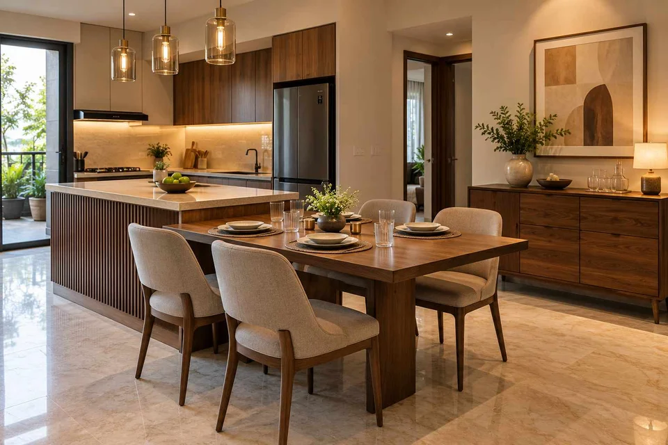 AI-generated dining-room concept: kitchen-adjacent dining, guest welcome meal direction
