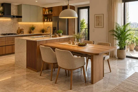 AI-generated dining-room concept: kitchen-adjacent dining, homegrown herb table direction