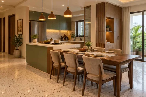 AI-generated dining-room concept: kitchen-adjacent dining, homework-to-dinner transition direction
