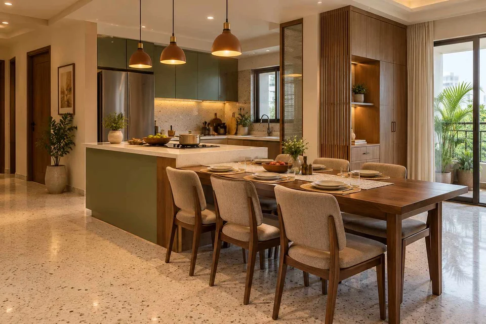 AI-generated dining-room concept: kitchen-adjacent dining, homework-to-dinner transition direction