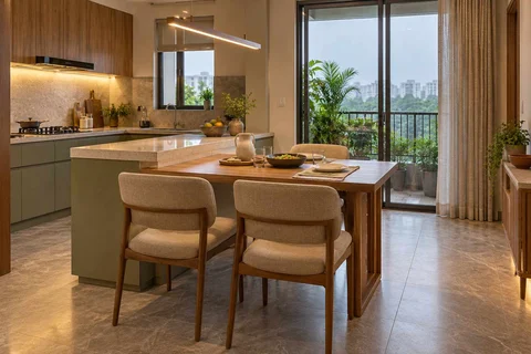 AI-generated dining-room concept: kitchen-adjacent dining, monsoon lunch light direction