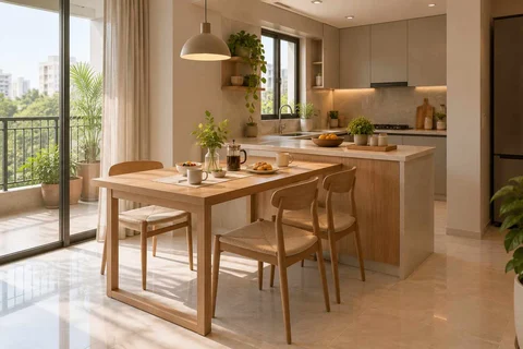 AI-generated dining-room concept: kitchen-adjacent dining, morning breakfast rhythm direction