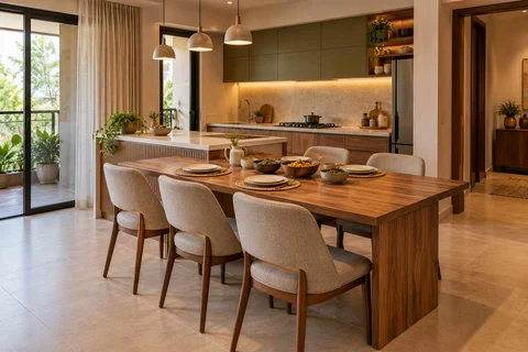 AI-generated dining-room concept: kitchen-adjacent dining, serving bowl sharing direction