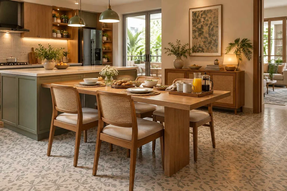 AI-generated dining-room concept: kitchen-adjacent dining, slow weekend brunch direction