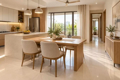 AI-generated dining-room concept: kitchen-adjacent dining, summer-airiness dining direction