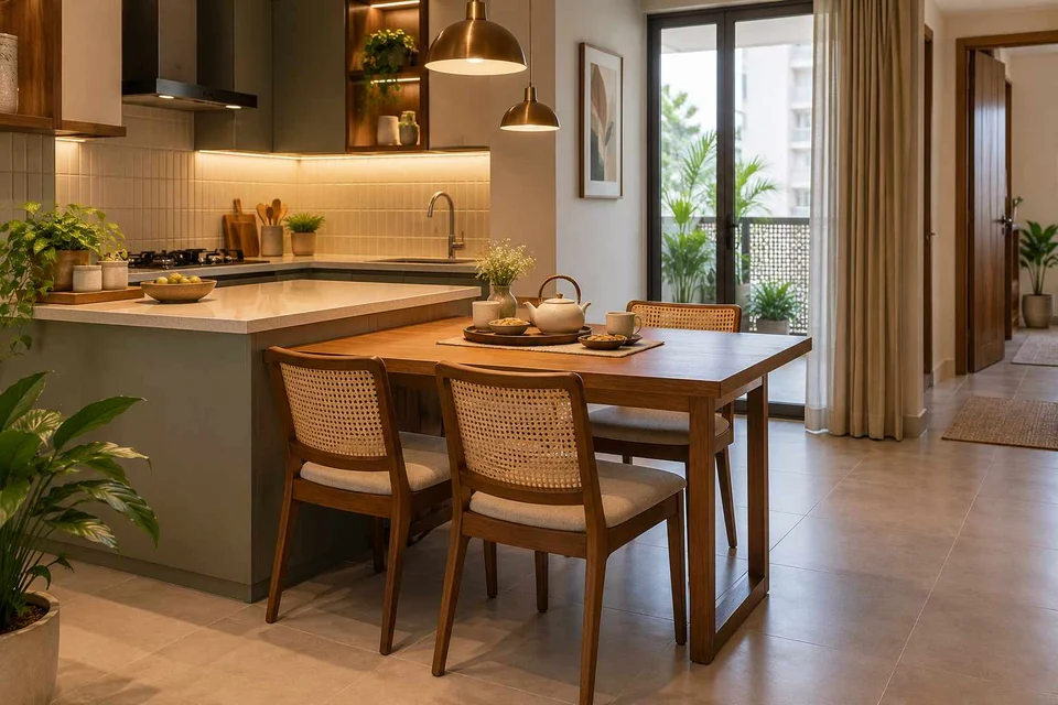 AI-generated dining-room concept: kitchen-adjacent dining, tea with friends direction