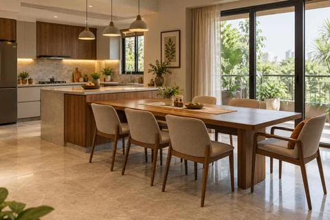 AI-generated dining-room concept: kitchen-adjacent dining, visiting-parents meal direction