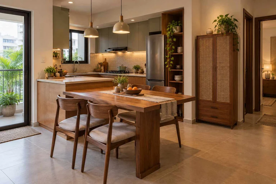 AI-generated dining-room concept: kitchen-adjacent dining, weekend craft-to-meal reset direction