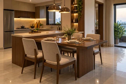 AI-generated dining-room concept: kitchen-adjacent dining, weeknight compact hosting direction