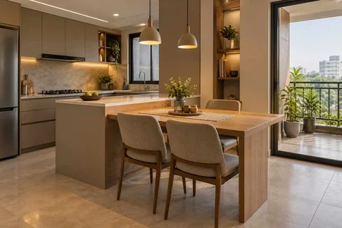 AI-generated dining-room concept: kitchen-adjacent dining, work-from-home reset direction
