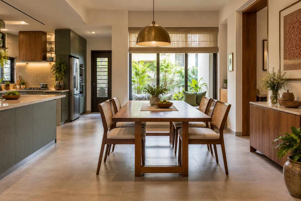 AI-generated dining-room concept: kitchen-table dining room, adaptable everyday dining direction