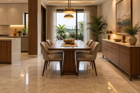 AI-generated dining-room concept: kitchen-table dining room, buffet-side gathering direction