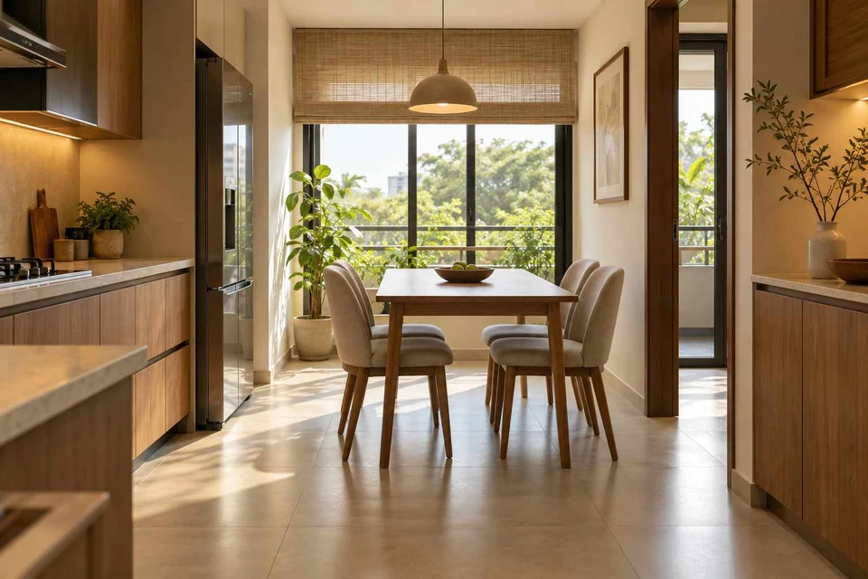 AI-generated dining-room concept: kitchen-table dining room, clear-table daily reset direction