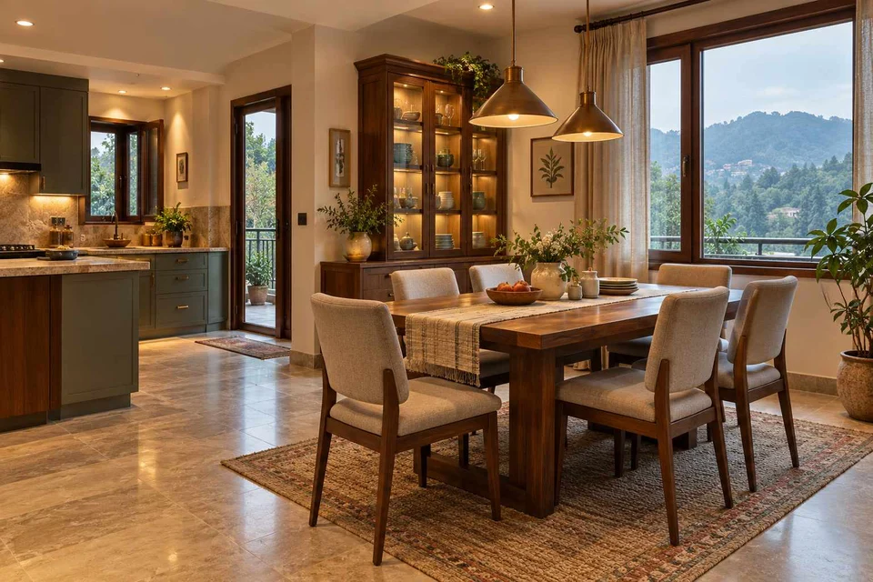 AI-generated dining-room concept: kitchen-table dining room, cool-season family table direction