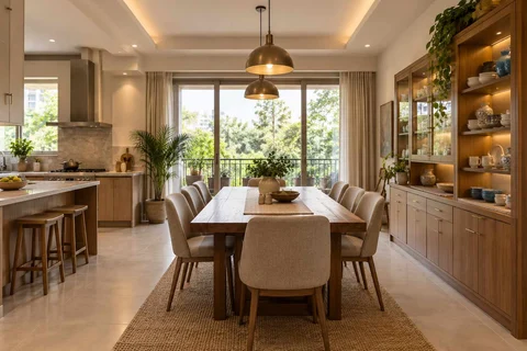 AI-generated dining-room concept: kitchen-table dining room, crockery collection display direction