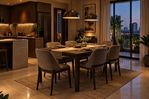 AI-generated dining-room concept: kitchen-table dining room, evening candleless dinner direction