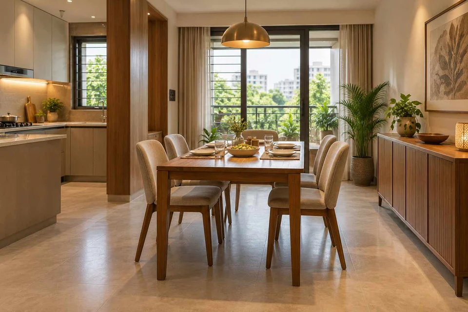 AI-generated dining-room concept: kitchen-table dining room, everyday family supper direction