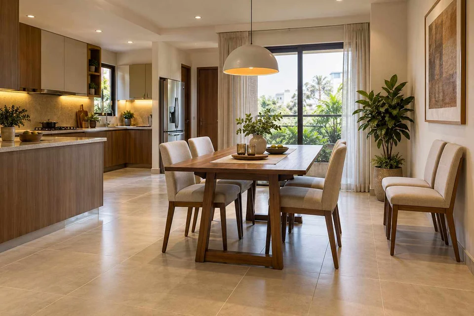 AI-generated dining-room concept: kitchen-table dining room, flexible extra seats direction