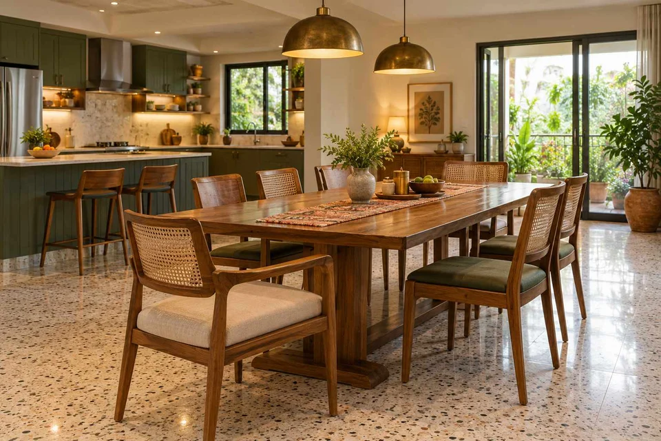 AI-generated dining-room concept: kitchen-table dining room, grandparents and grandchildren direction