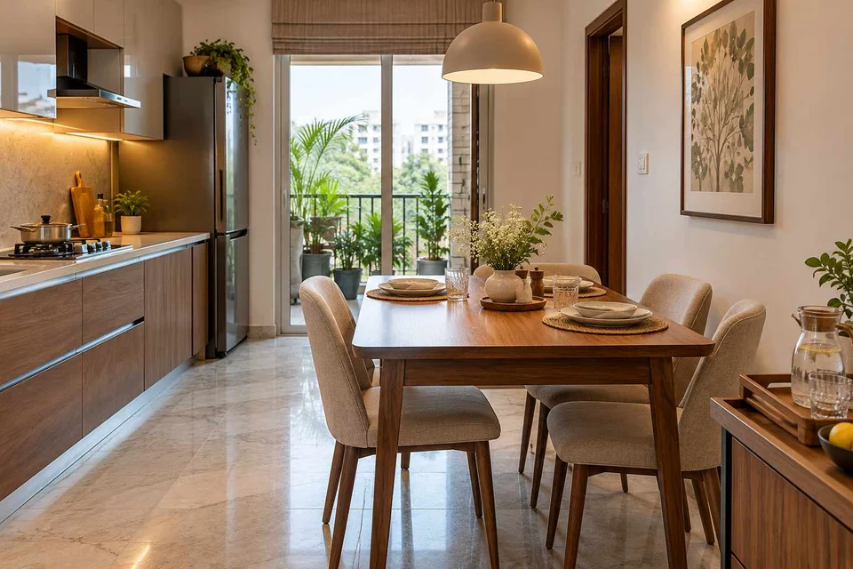 AI-generated dining-room concept: kitchen-table dining room, guest welcome meal direction