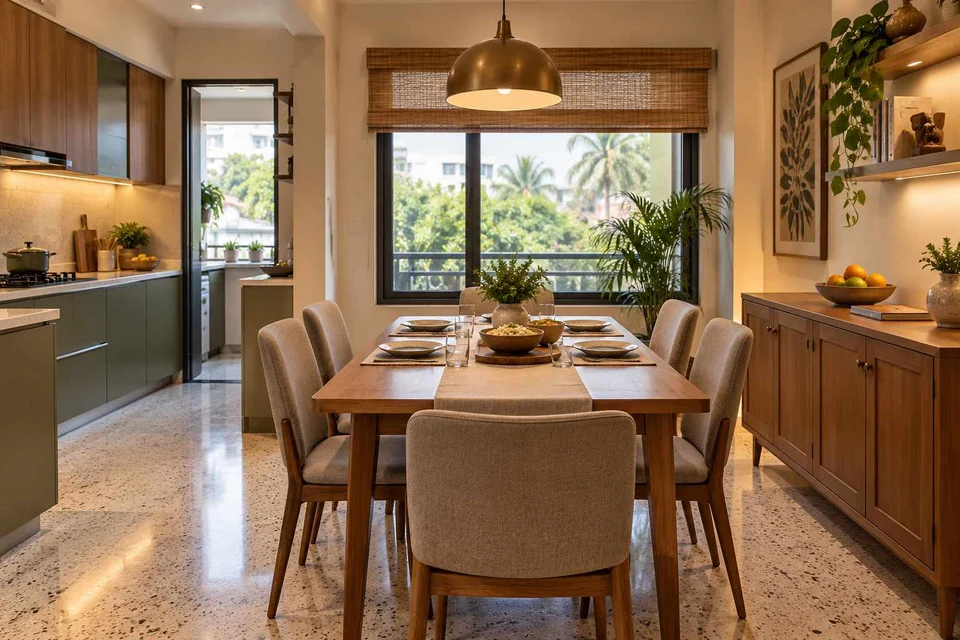 AI-generated dining-room concept: kitchen-table dining room, homework-to-dinner transition direction