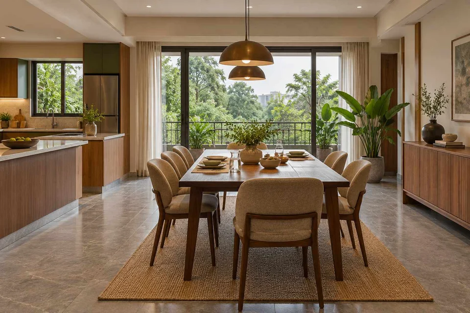 AI-generated dining-room concept: kitchen-table dining room, monsoon lunch light direction