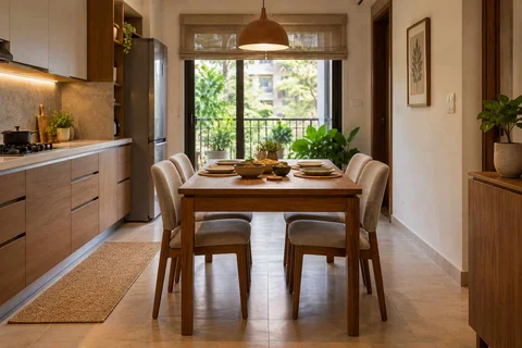 AI-generated dining-room concept: kitchen-table dining room, serving bowl sharing direction