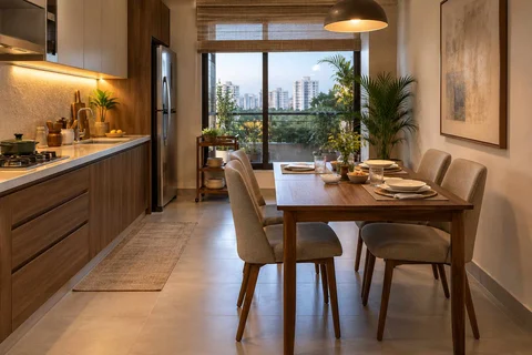 AI-generated dining-room concept: kitchen-table dining room, weeknight compact hosting direction
