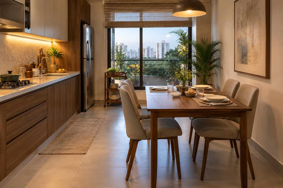 AI-generated dining-room concept: kitchen-table dining room, weeknight compact hosting direction