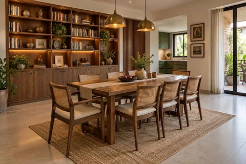 AI-generated dining-room concept: library-wall dining room, adaptable everyday dining direction