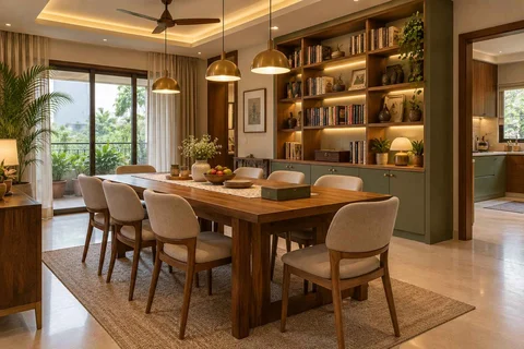 AI-generated dining-room concept: library-wall dining room, board-game supper direction