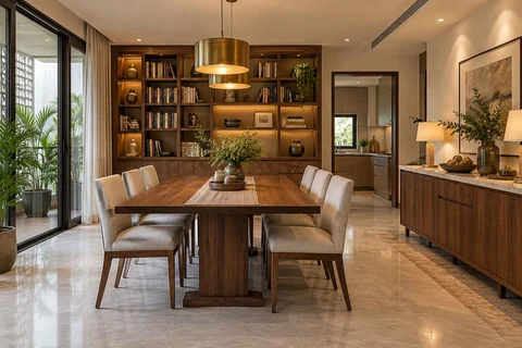 AI-generated dining-room concept: library-wall dining room, buffet-side gathering direction
