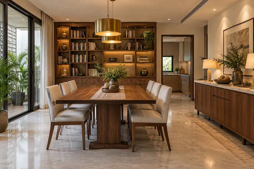 AI-generated dining-room concept: library-wall dining room, buffet-side gathering direction