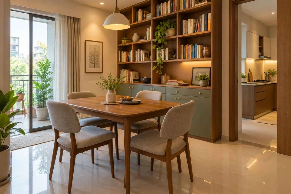 AI-generated dining-room concept: library-wall dining room, children's everyday meals direction