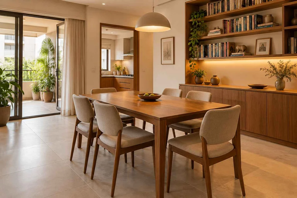 AI-generated dining-room concept: library-wall dining room, clear-table daily reset direction