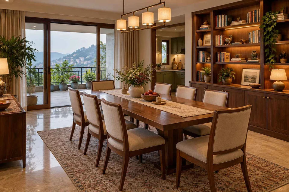 AI-generated dining-room concept: library-wall dining room, cool-season family table direction