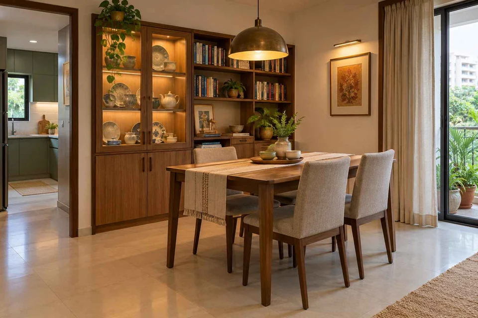 AI-generated dining-room concept: library-wall dining room, crockery collection display direction