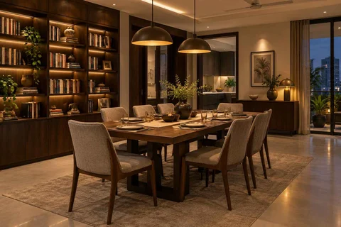 AI-generated dining-room concept: library-wall dining room, evening candleless dinner direction