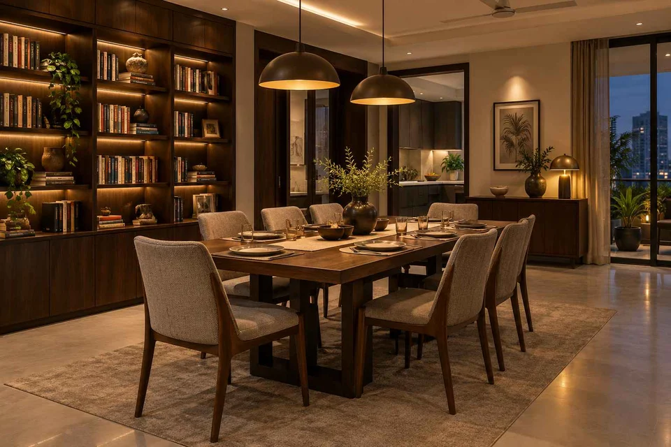 AI-generated dining-room concept: library-wall dining room, evening candleless dinner direction