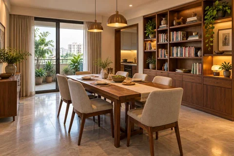 AI-generated dining-room concept: library-wall dining room, everyday family supper direction