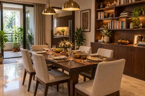 AI-generated dining-room concept: library-wall dining room, festival meal preparation direction