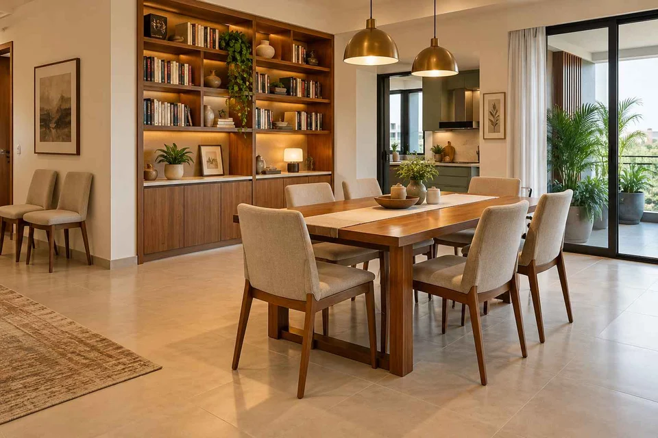 AI-generated dining-room concept: library-wall dining room, flexible extra seats direction