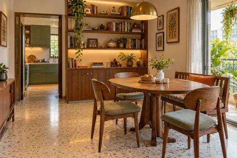 AI-generated dining-room concept: library-wall dining room, grandparents and grandchildren direction