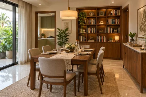 AI-generated dining-room concept: library-wall dining room, guest welcome meal direction