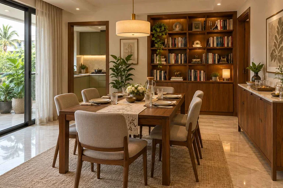 AI-generated dining-room concept: library-wall dining room, guest welcome meal direction