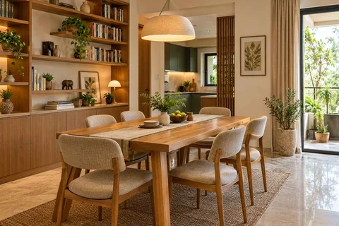 AI-generated dining-room concept: library-wall dining room, homegrown herb table direction